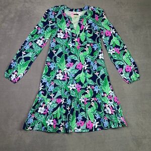 Lilly Pulitzer Alyssa Dress XXS Navy Green Floral A-Line Cotton Preppy Resort